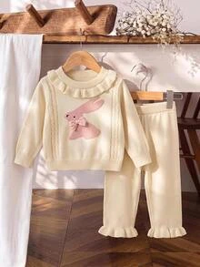 SHEIN Baby Girls Knit Outfit, Bow & Rabbit Lace Pullover Top + Knitted Pants Autumn Winter - White - View 1