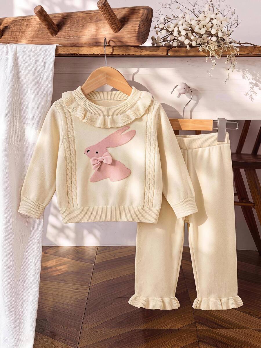 SHEIN Baby Girls Knit Outfit, Bow & Rabbit Lace Pullover Top + Knitted Pants Autumn Winter - White - View 1