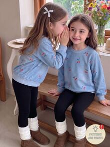 Elladie kids 女童 2 件套櫻桃印花長袖運動衫上衣與紫色內搭褲休閒嬰兒運動服 秋季 7 歲生日幼兒園 - 藍色 - 查看 1