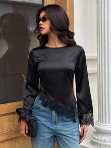 SHEIN Frenchy Women's Lace Patchwork Asymmetrical Hem Blouse,Fall/Winter Elegant Formal Luxury Business Chic Basic Christmas Back To School Festival - Black - View 6