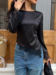 SHEIN Frenchy Women's Lace Patchwork Asymmetrical Hem Blouse,Fall/Winter Elegant Formal Luxury Business Chic Basic Christmas Back To School Festival - Black - View 5