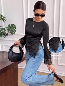 SHEIN Frenchy Women's Lace Patchwork Asymmetrical Hem Blouse,Fall/Winter Elegant Formal Luxury Business Chic Basic Christmas Back To School Festival - Black - View 1
