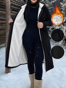 SHEIN Clasi Plus Size Women Solid Color Thermal Lined Casual Baggy Versatile Winter Hooded Jacket Holiday Going Out Black - Black - View 5