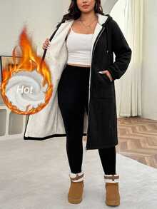SHEIN Clasi Plus Size Women Solid Color Thermal Lined Casual Baggy Versatile Winter Hooded Jacket Holiday Going Out Black - Black - View 7