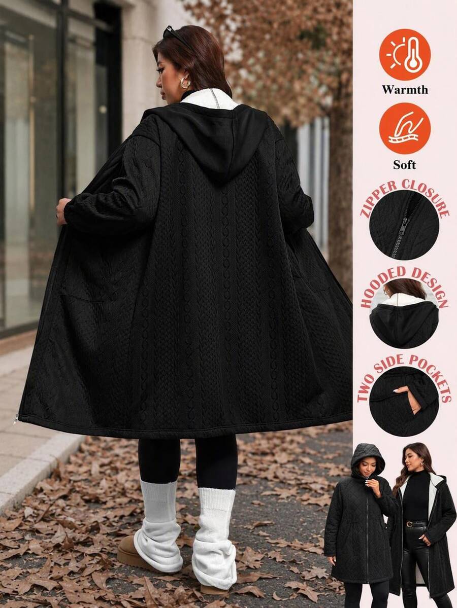 SHEIN Clasi Plus Size Women Solid Color Thermal Lined Casual Baggy Versatile Winter Hooded Jacket Holiday Going Out Black - Black - View 1