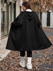 SHEIN Clasi Plus Size Women Solid Color Thermal Lined Casual Baggy Versatile Winter Hooded Jacket Holiday Going Out Black - Black - View 3