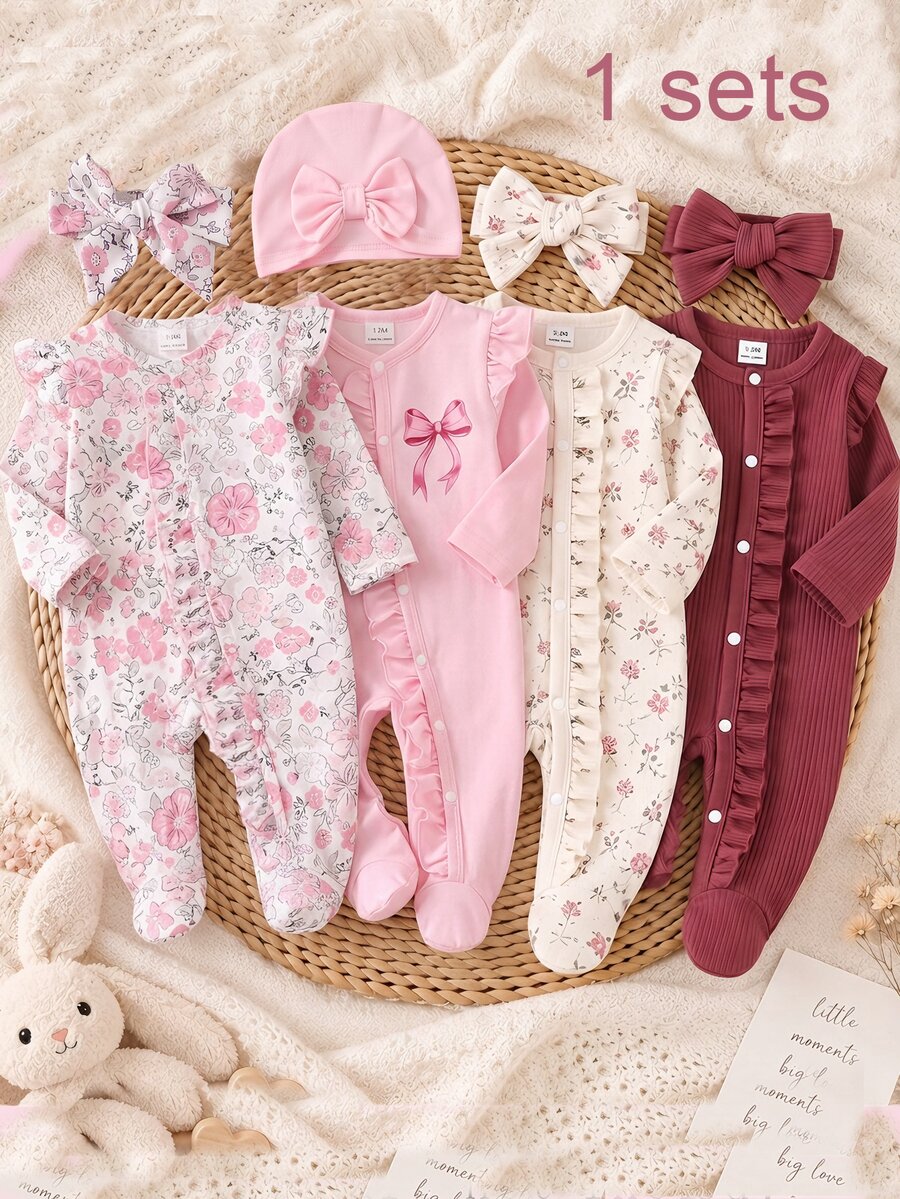 Newborn Long Sleeve Footed Romper With Cute Floral Pattern Bow Hat And Floral Headband 4-Piece Set - Multicolor - View 1