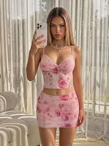 SHEIN ICON 2pcs/Set Fitted Lace Tie Dye Print Camisole And Mini Bodycon Skirt - Pink - View 1