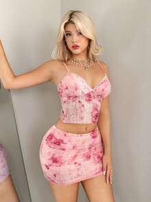 SHEIN ICON 2pcs/Set Fitted Lace Tie Dye Print Camisole And Mini Bodycon Skirt - Pink - View 3