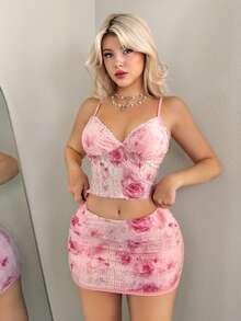 SHEIN ICON 2pcs/Set Fitted Lace Tie Dye Print Camisole And Mini Bodycon Skirt - Pink - View 6
