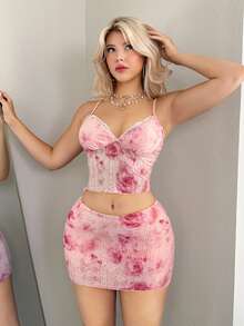 SHEIN ICON 2pcs/Set Fitted Lace Tie Dye Print Camisole And Mini Bodycon Skirt - Pink - View 5
