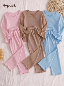 Girls Casual Elegant 4-Piece Set, 3D Bowknot Round Neck Long Sleeve Pants, Comfortable Soft Autumn Winter - Multicolor - View 10