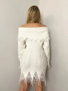 Sweetina 1pc Autumn Fashion Folded Collar Distressed Design Fuzzy Fitted Sweater Dress - White - View 2