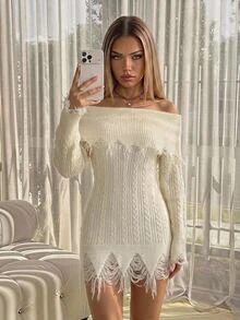 Sweetina 1pc Autumn Fashion Folded Collar Distressed Design Fuzzy Fitted Sweater Dress - White - View 1