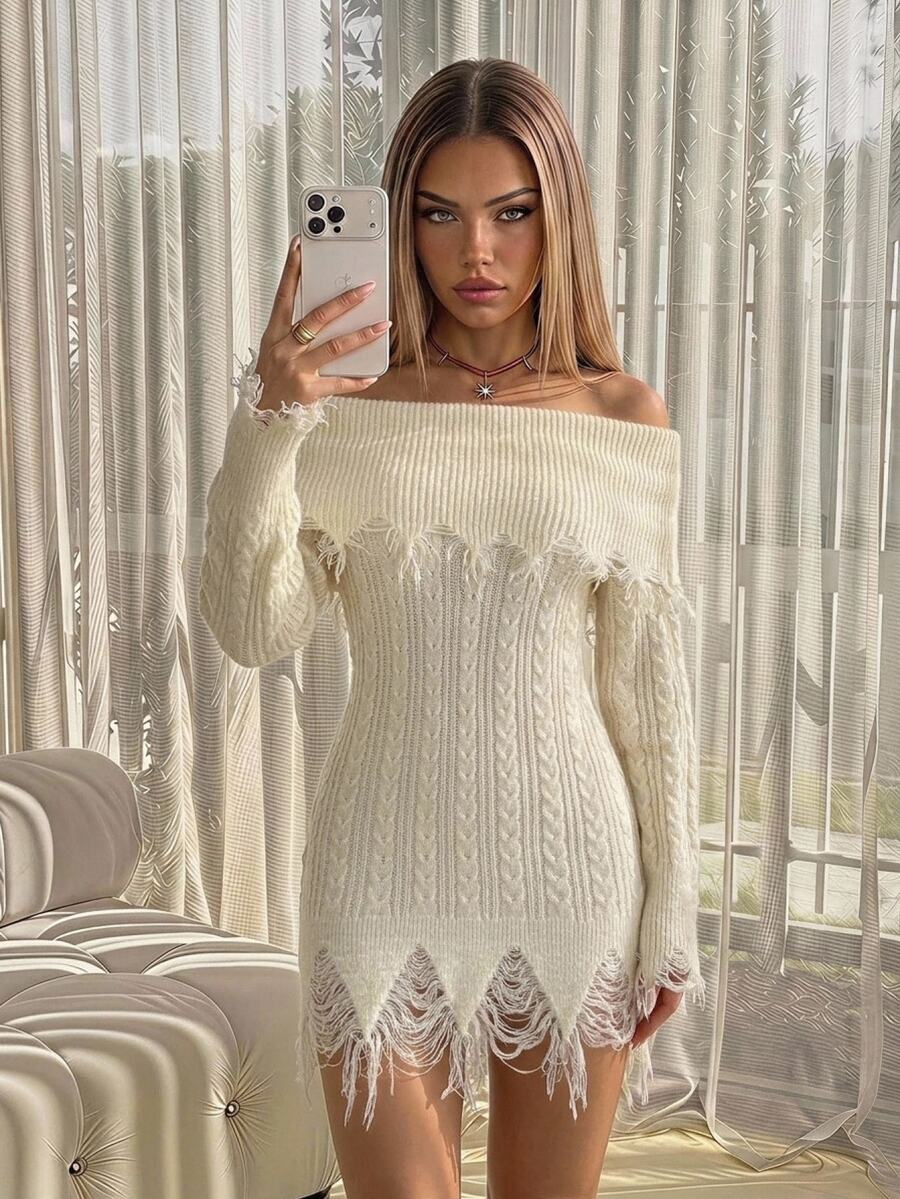 Sweetina 1pc Autumn Fashion Folded Collar Distressed Design Fuzzy Fitted Sweater Dress - White - View 1