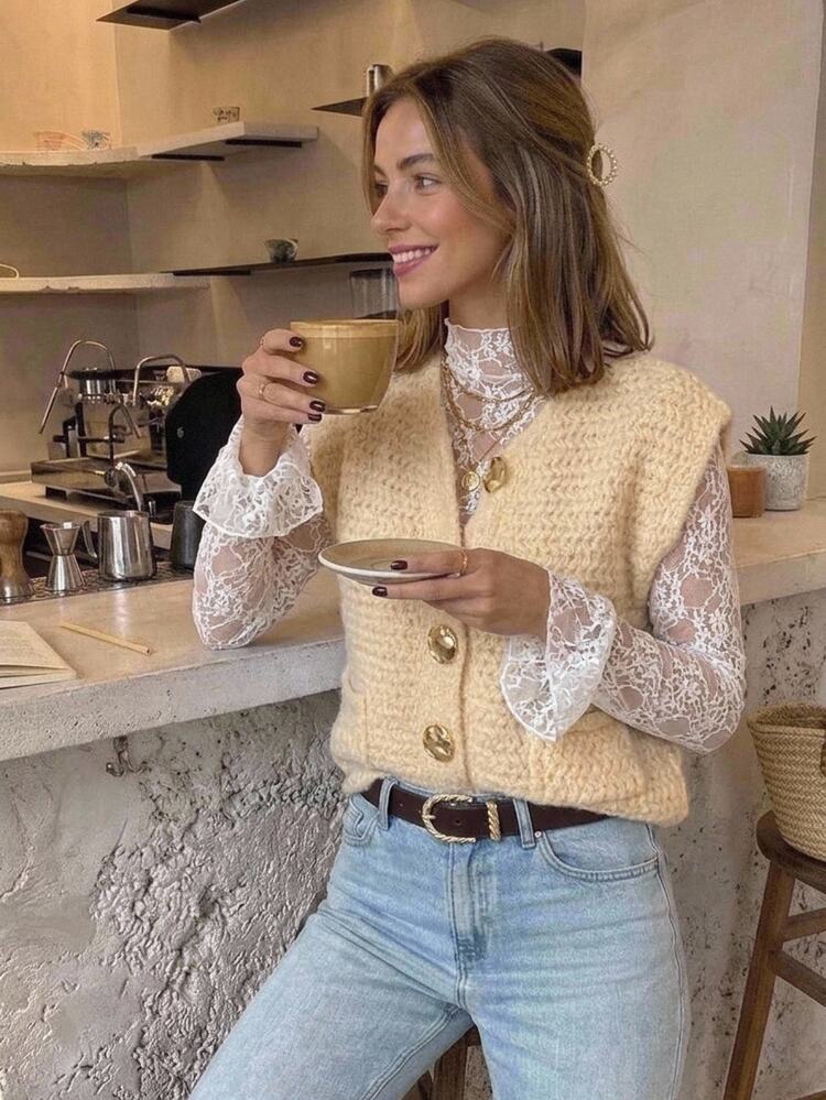 SHEIN Frenchy Women Metal Buckle Textured Open Front Sweater Vest,Crew Neck Button Front Pocket Loose Fit Layering Preppy Back To School Fall Outfit - Light Yellow - View 3