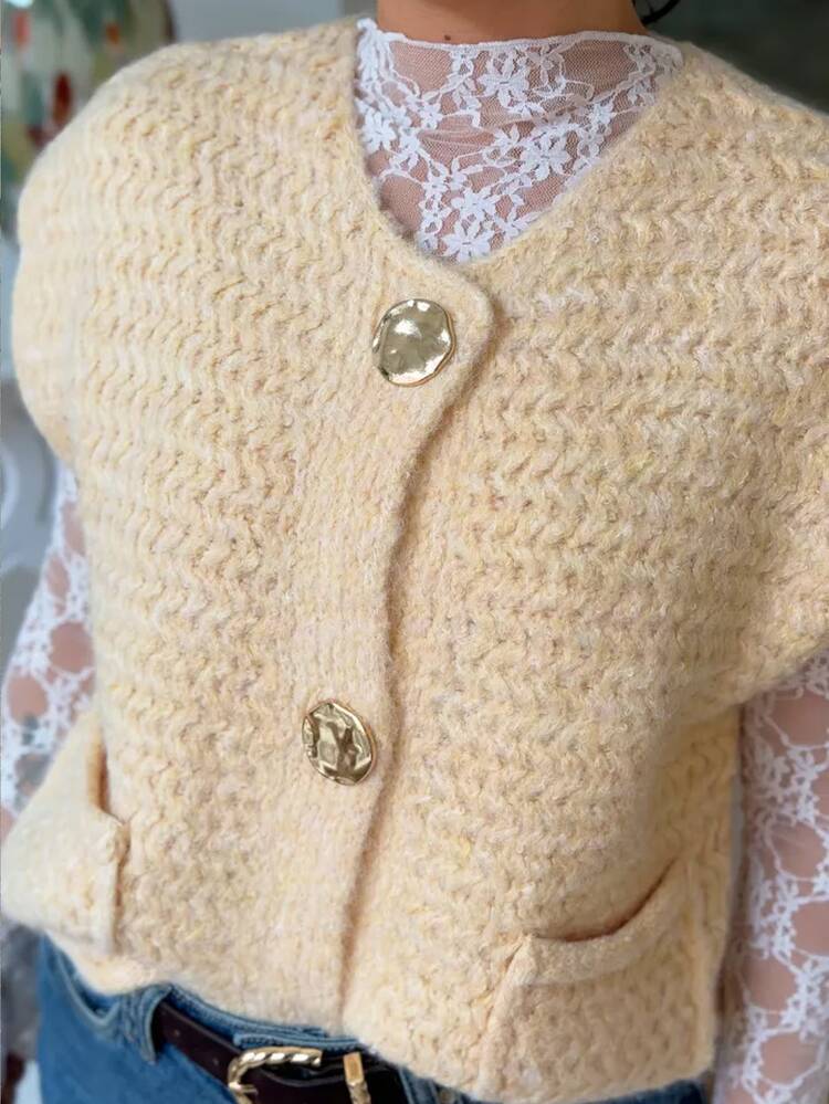 SHEIN Frenchy Women Metal Buckle Textured Open Front Sweater Vest,Crew Neck Button Front Pocket Loose Fit Layering Preppy Back To School Fall Outfit - Light Yellow - View 5