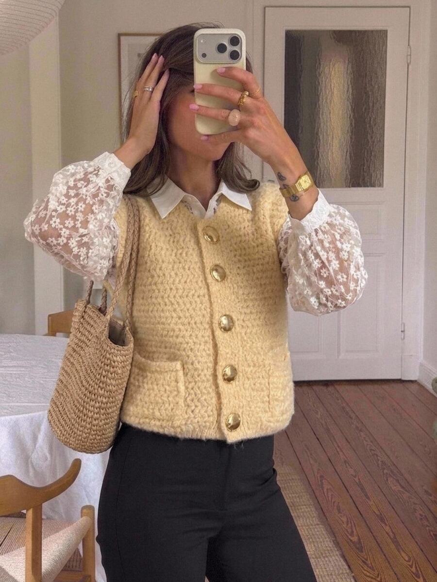 SHEIN Frenchy Women Metal Buckle Textured Open Front Sweater Vest,Crew Neck Button Front Pocket Loose Fit Layering Preppy Back To School Fall Outfit - Light Yellow - View 1