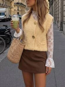 SHEIN Frenchy Women Metal Buckle Textured Open Front Sweater Vest,Crew Neck Button Front Pocket Loose Fit Layering Preppy Back To School Fall Outfit - Light Yellow - View 4