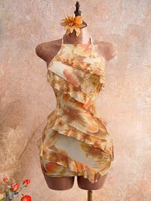 Mistrie 2026新款女士性感露肩印花连衣裙，荷叶边设计，Y2K复古风，甜美性感，度假风，年轻成人款，轻薄面料，修身剪裁，轻盈透气。适合海滩度假、音乐节、复活节和新学年穿着。 - 淡黃色 - 查看 9