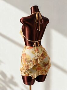 Mistrie 2026新款女士性感露肩印花连衣裙，荷叶边设计，Y2K复古风，甜美性感，度假风，年轻成人款，轻薄面料，修身剪裁，轻盈透气。适合海滩度假、音乐节、复活节和新学年穿着。 - 淡黃色 - 查看 3