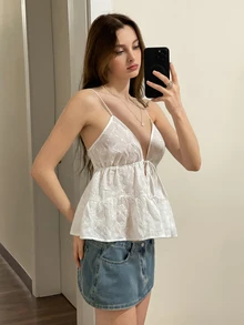 SHEIN ICON Women's White Embroidered Camisole With Front Tie & Open Back, Casual Holiday Tank Top - White - View 5
