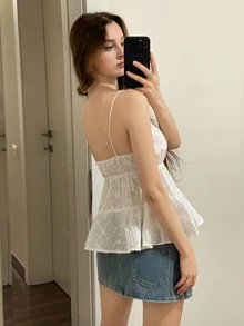 SHEIN ICON Women's White Embroidered Camisole With Front Tie & Open Back, Casual Holiday Tank Top - White - View 2