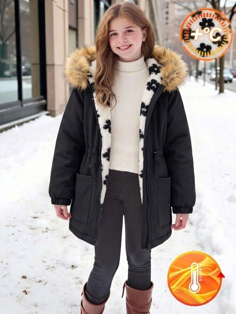 SHEIN Tween Girls Casual Floral Print Thermal Lined Hooded Parka Jacket, Autumn/Winter Back To School - Black - View 2