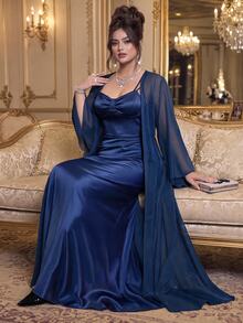 Roveilla Plus Size Knit Satin Camisole Dress With Chiffon Slightly Sheer Long Cardigan 2 Pieces Set Autumn Wedding Evening Formal Dinner Navy Blue Elegant - Navy Blue - View 1