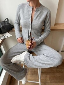 Lumivelle Women Button Front Slim Fit Cardigan Knit Top And Sweater Pant 2pcs Set Co-Ords - Cream - View 4