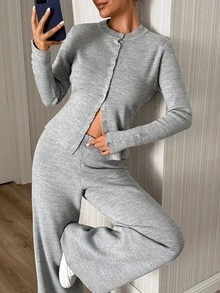 Lumivelle Women Button Front Slim Fit Cardigan Knit Top And Sweater Pant 2pcs Set Co-Ords - Cream - View 6