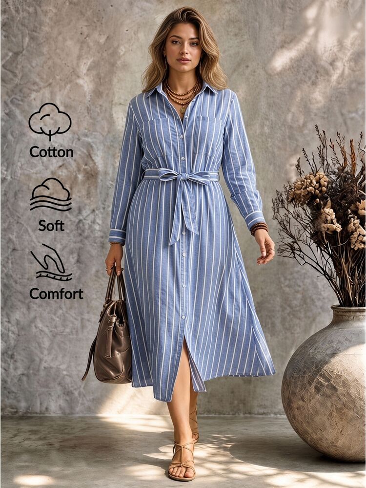 Ceyna Plus Size Casual Elegant Striped Shirt Collar Long Sleeve Dress Brunch Vacation Blue Check Autumn - Blue - View 1