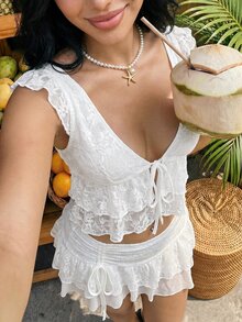 SHEIN ICON 甜美度假风提花面料开襟短袖女式衬衫 - 白色 - 查看 4