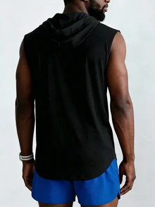 Coreblaze Men's Drawstring Hooded Casual Fitness Sports Tank Top, Gym - Black - View 2