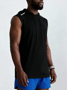 Coreblaze Men's Drawstring Hooded Casual Fitness Sports Tank Top, Gym - Black - View 3