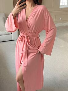 DAZY 極簡純色寬鬆繫帶晨袍，女款居家休閒睡衣 - 粉色 - 查看 5