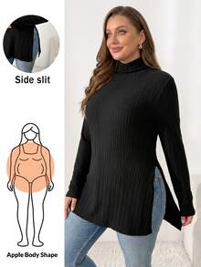 Shapeblank Women's Plus-Size Fall/Winter Stylish & Casual Fitted Top – Stretchy, Warm, And Comfortable – Basic Black, Long-Sleeve, Stand Collar With Side Slit - Black - View 11