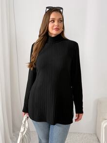 Shapeblank Women's Plus-Size Fall/Winter Stylish & Casual Fitted Top – Stretchy, Warm, And Comfortable – Basic Black, Long-Sleeve, Stand Collar With Side Slit - Black - View 7