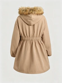 SHEIN Tween Girls Fonrt Zipper Kids Pocket Waist Cinched Mid-Length Windbreaker Jacket Autumn Winter - Khaki - View 4