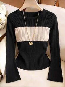 GlowEve CURVE Plus Size Women's Colorblock Contrast Elegant Baggy Casual Twisted Rope Long Sleeve Crew Neck Knit Pullover Sweater Fall Office Formal Black Winter - Black - View 1