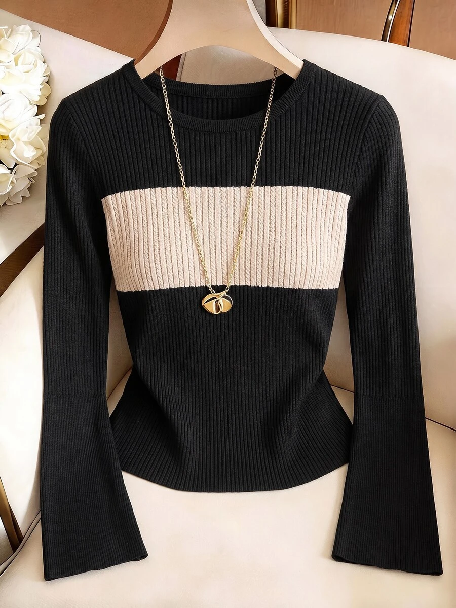 GlowEve CURVE Plus Size Women's Colorblock Contrast Elegant Baggy Casual Twisted Rope Long Sleeve Crew Neck Knit Pullover Sweater Fall Office Formal Black Winter - Black - View 1
