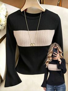 GlowEve CURVE Plus Size Women's Colorblock Contrast Elegant Baggy Casual Twisted Rope Long Sleeve Crew Neck Knit Pullover Sweater Fall Office Formal Black Winter - Black - View 4