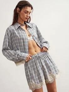 Bohemela Women's Vintage Blue Plaid Color-Block Shirt And Shorts Two Pieces Set With Lace Trim, Perfect For Autumn, Vacations, Going Out, And Halloween Outfits - Blue - View 4