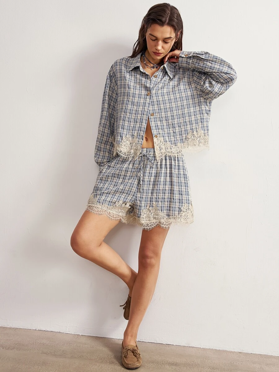 Bohemela Women's Vintage Blue Plaid Color-Block Shirt And Shorts Two Pieces Set With Lace Trim, Perfect For Autumn, Vacations, Going Out, And Halloween Outfits - Blue - View 1