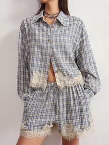 Bohemela Women's Vintage Blue Plaid Color-Block Shirt And Shorts Two Pieces Set With Lace Trim, Perfect For Autumn, Vacations, Going Out, And Halloween Outfits - Blue - View 3