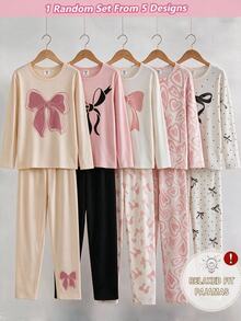 【隨機發送1套】女童簡約時尚純色蝴蝶結元素印花長袖上衣＋個性蝴蝶結印花長褲 2件式休閒舒適家居服套裝 - 彩色 - 查看 1
