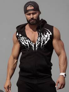 Voltform Casual Graphic Print Zip-Up Sleeveless Men Sports Jackets - Black - View 3