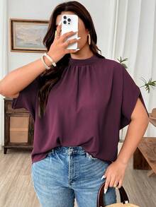 Weeklong Women's Plus Size Small Stand Collar Ruched Batwing Sleeve Textured Comfortable Fabric Elegant Blouse For Outing, Shopping, Gathering Fall - Red Violet - View 7