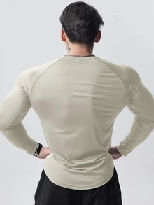 Coreblaze Men's Letter Print Raglan Sleeve Sports T-Shirt , Fall Crew Neck, Gym - Apricot - View 2
