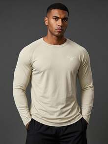 Coreblaze Men's Letter Print Raglan Sleeve Sports T-Shirt , Fall Crew Neck, Gym - Apricot - View 1